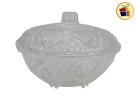 CARAMELERA DE VIDRIO TALLADA CON TAPA 13X9 CM POKA (342037/NS191941)