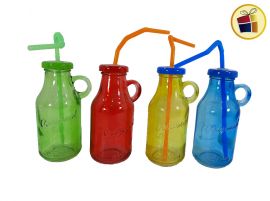 BOTELLA  VIDRIO COLOR CON ASA Y SORBETE 15CM (158285/16158-28)