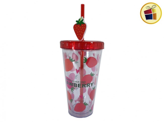 "O.F"VASO ACRILICO PARA LICUADO CON SORBETE Y SEÑALADOR FRUTA 17CM POKA (NS230251/230519)