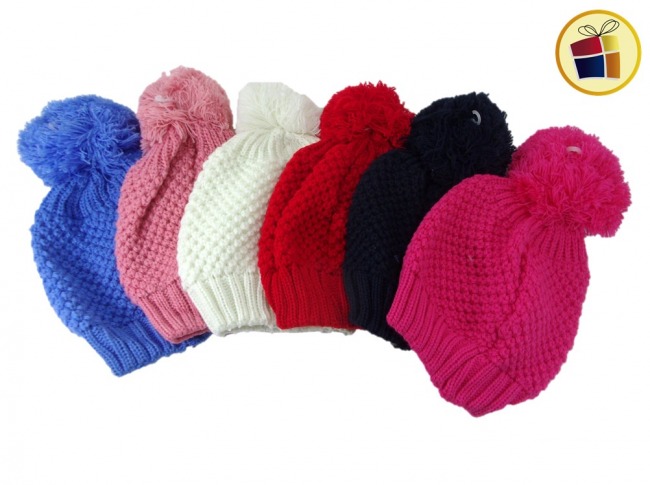 (30%)GORRO DE LANA PARA NENA CON POMPOM PUNTO ARROZ (000075/209-19-7)