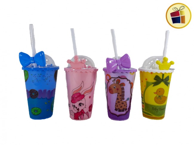VASO PLASTICO INFANTIL 16CM TAPA EXPRIMIDOR SORBETE MOÑO POKA (NS220678/206781)