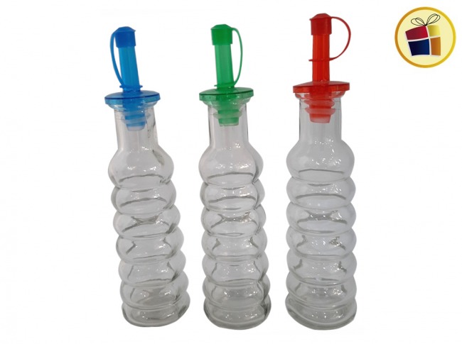 ACEITERO Y VINAGRERO DE VIDRIO CON FORMA TAPA COLOR (010138)