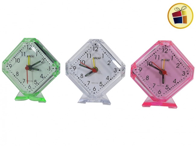 RELOJ DESPERTADOR ACRILICO ROMBO 9CM MACAO (VC082/804593)