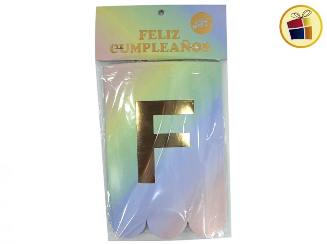 (P.ST.C1.C2.F.B.RCIA.VA.)BANDERIN FELIZ CUMPLE IRISDICENTE X1 (03348-38/05241) GOLD MUNDO 