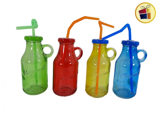 BOTELLA  VIDRIO COLOR CON ASA Y SORBETE 15CM (158285/16158-28)